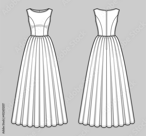 Floor-length sleeveless bodice dress with boat neckline, seam at waist, back zip closure, gathered skirt. X-line silhouette. Back and front. Technical flat sketch. Vector illustration.