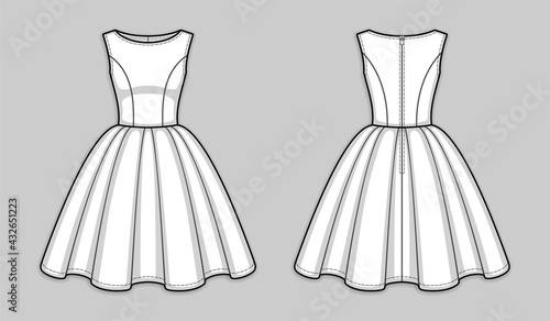 Knee-length sleeveless bodice dress with boat neckline, seam at waist, back zip closure, flared skirt with pleats. X-line silhouette. Back and front. Technical flat sketch. Vector illustration.