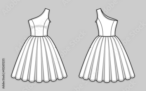 Knee-length one shoulder bodice dress with asymmetrical neckline, seam at waist, hidden side closure, box pleated skirt. Back and front. Technical flat sketch. Vector illustration.