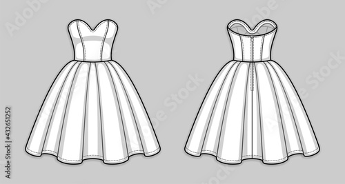 Knee-length corset bodice dress with strapless sweetheart neckline, panel lines, seam at waist, back zip closure, flared skirt with pleats. Back and front. Technical flat sketch. Vector illustration.