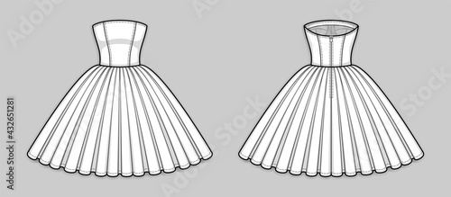 Knee-length corset bodice dress with strapless straight across neckline, seam at waist, back zip closure, full volume skirt. Back and front. Technical flat sketch. Vector illustration.