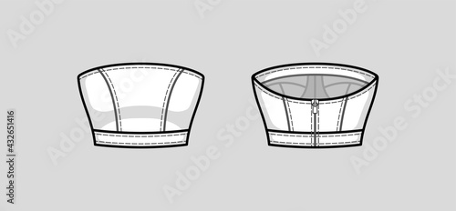 Cropped close-fitting top with strapless straight across neckline, banded hem and back zip closure. Bust shaping with panel lines. Back and front. Technical flat sketch. Vector illustration.