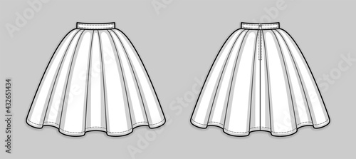 Knee-length flared skirt with pleats, banded waist, back zip closure. Back and front. Technical flat sketch. Vector illustration.