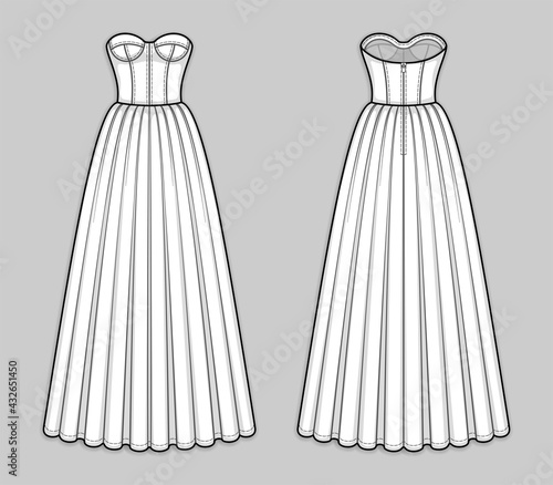 Floor-length corset bodice dress with panel lines, strapless neckline, cups, seam at waist, back zip clasp, flared skirt with pleats. Back and front. Technical flat sketch. Vector illustration.
