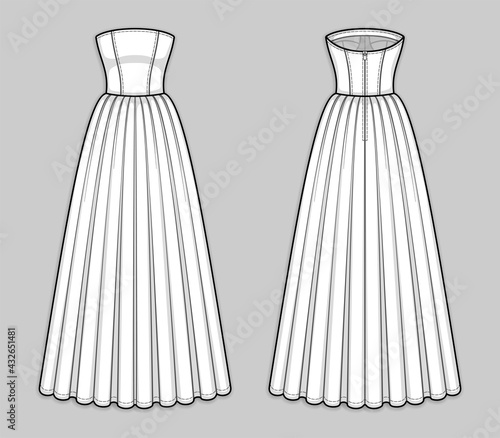 Floor-length corset bodice dress with panel lines, strapless straight across neckline, seam at waist, back zip closure, flared skirt with pleats. Back and front. Technical flat sketch, vector.