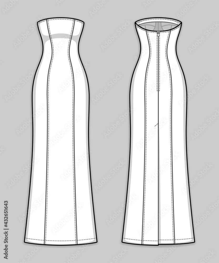 Maxi close-fitting column dress with panel lines, strapless straight across neckline, back zip clasp, kick pleat. Bodycon dress. Back and front. Technical flat sketch. Vector illustration. Maxi close-fitting column dress with panel lines, strapless straight across neckline, back zip clasp, kick pleat. Bodycon dress. Back and front. Technical flat sketch. Vector illustration.
