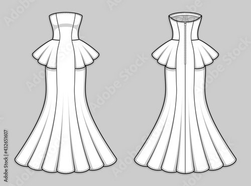 Maxi fitted mermaid dress with strapless straight across neckline, peplum waist, back zip clasp. Gored bodycon sleeveless dress with flared hemline. Back and front. Technical flat sketch, vector.