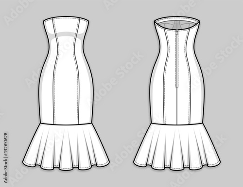 Midi pencil dress with panel lines, strapless straight across neckline, flounce hem, back zip clasp. Bodycon fishtail dress. Back and front. Technical flat sketch. Vector illustration.