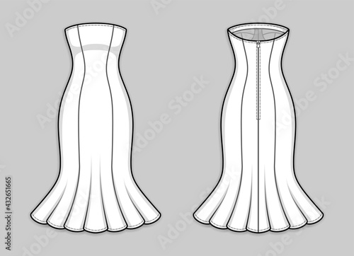 Midi fitted mermaid dress with strapless straight across neckline, mid-open back, back zip clasp. Gored bodycon sleeveless dress with flared hemline. Back and front. Technical flat sketch, vector.