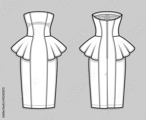 Midi pensil dress with panel lines, strapless straight across neckline, peplum waist, back zip clasp, kick pleat. Bodycon dress. Back and front. Technical flat sketch. Vector illustration.