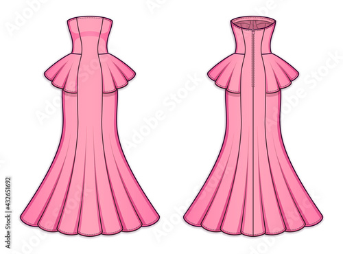 Long pink mermaid dress with strapless straight across neckline, peplum waist, back zip clasp. Gored bodycon sleeveless dress with flared hemline. Back and front. Technical flat sketch, vector.