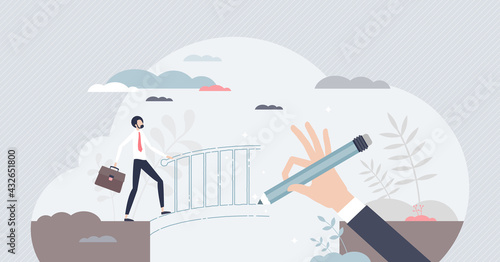 Facilitation and favor for obstacle overcome and support tiny person concept. Benefits boost in difficult situation and financial crisis for businessman vector illustration. Help and solve company gap photo