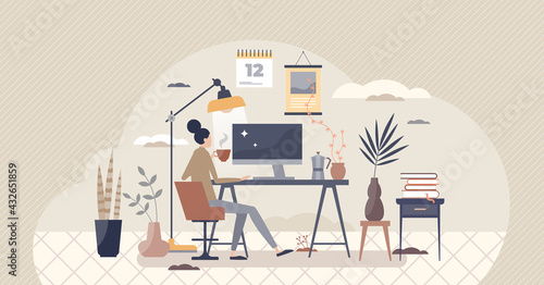 Home workplace and distant office in room as workspace tiny person concept. Isolation and distancing from company and work with remote workstation vector illustration. Freelance job process scene. photo