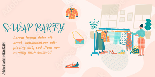 Swap party concept. Eco friendly party, exchange clothes, shoes and accessories. Vector illustration for banner, poster, layout,flyer, invitation, advert