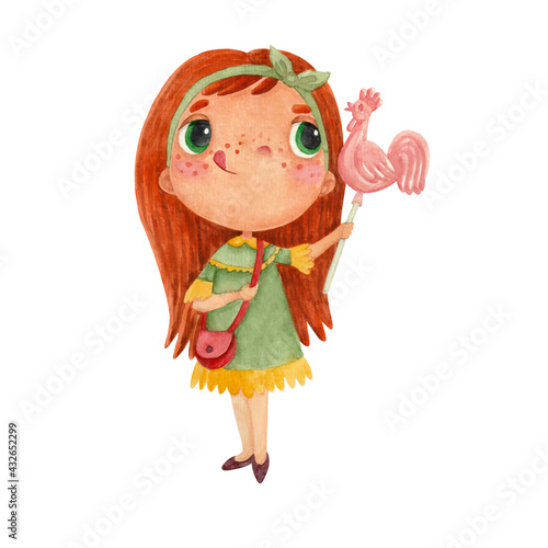 Cute watercolor illustration of a girl with a lollipop