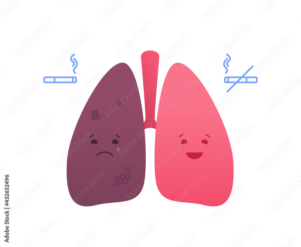 No smoking and lung disease concept. Vector flat medical illustration. Human organ character with happy and sad smile. Cigarette with smoke symbol. Color icon. Design element for healthcare. No smoking and lung disease concept. Vector flat medical illustration. Human organ character with happy and sad smile. Cigarette with smoke symbol. Color icon. Design element for healthcare.