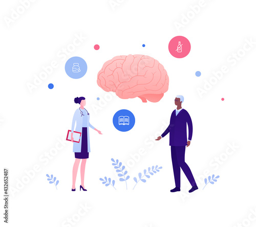 Brain disease concept. Vector flat people illustration. Female doctor with african american male senior patient. Neurology and alzheimer and dementia illness symbol. Design for health care.