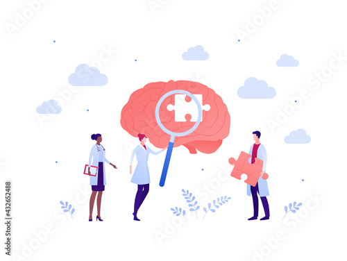 Brain research and mental disease study concept. Vector flat people illustration. Doctor scientist team with magnifier glass and puzzle. Male and female character. Design for health care and science.