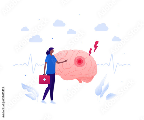 Brain disease and neurosurgery concept. Vector flat people illustration. African american female doctor with first aid kit standing. Neurology illness and stroke symbol. Design for health care.