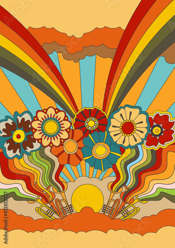 Psychedelic Colors Fantastic Flowers, 1960s Hippie Art Style Floral Illustration 