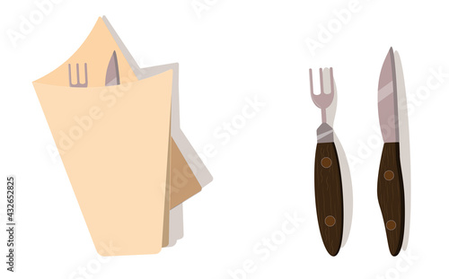 Cutlery. Fork, knife and napkin. Steel with wooden handle
