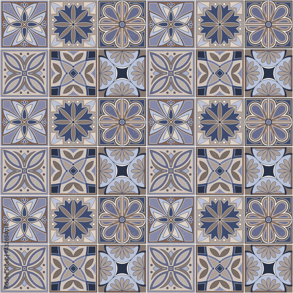 Geometric background square tiles with floral ethnic pattern in beige and blue colors
