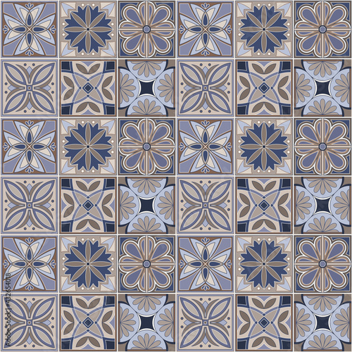 Geometric background square tiles with floral ethnic pattern in beige and blue colors