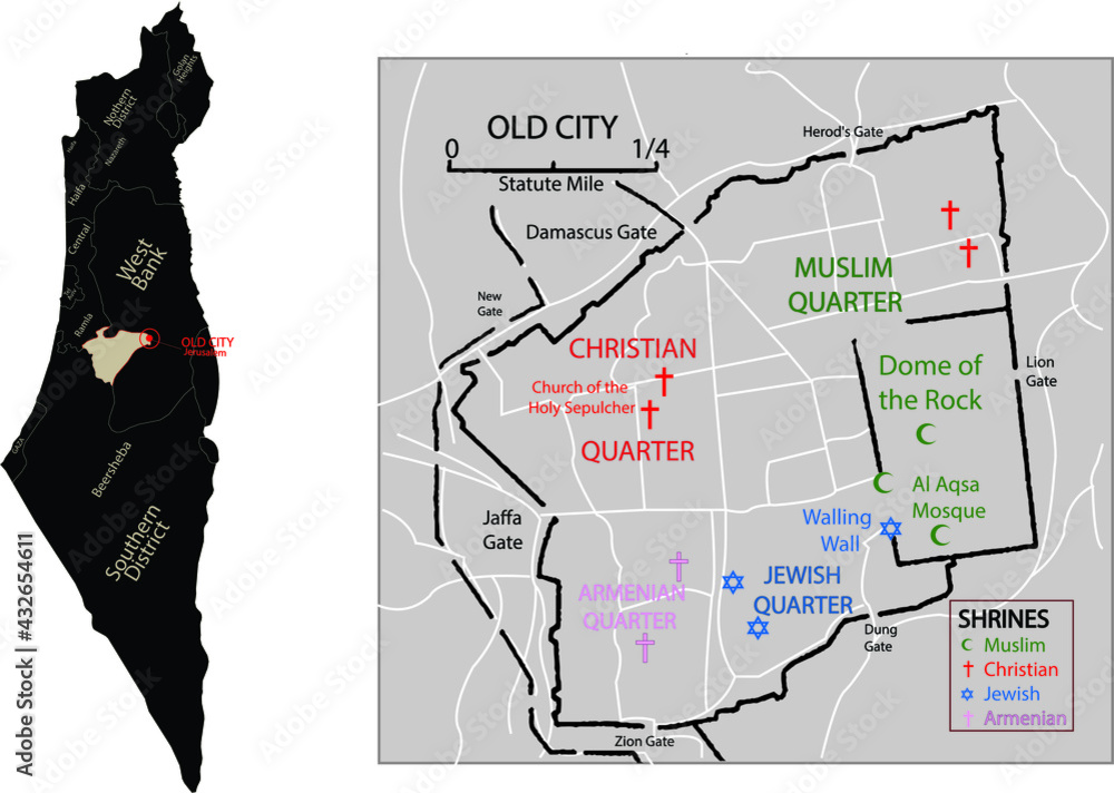 Naklejka premium old city jerusalem map. the Old City has been divided into four uneven quarters. Muslim, Christian, Armenian and Jewish Quarters. israel map.