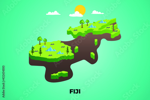 Fiji 3d isometric map with topographic details mountains, trees and soil vector illustration design