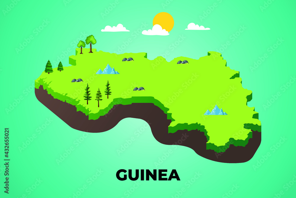Guinea 3d isometric map with topographic details mountains, trees and soil vector illustration design