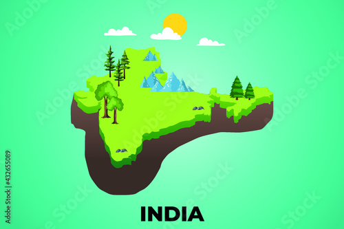  India 3d isometric map with topographic details mountains, trees and soil vector illustration design