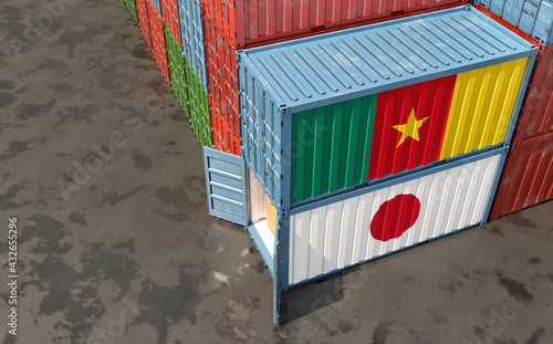 Freight containers with Camroon and Japan flags. 3D Rendering 