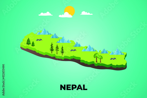 Nepal 3d isometric map with topographic details mountains, trees and soil vector illustration design