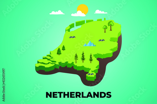 Netherlands 3d isometric map with topographic details mountains, trees and soil vector illustration design