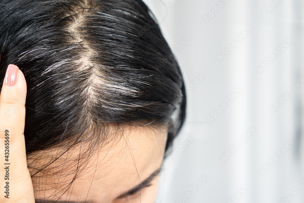 closeup Asian woman having problem with grey, white hair growing up closeup Asian woman having problem with grey, white hair growing up