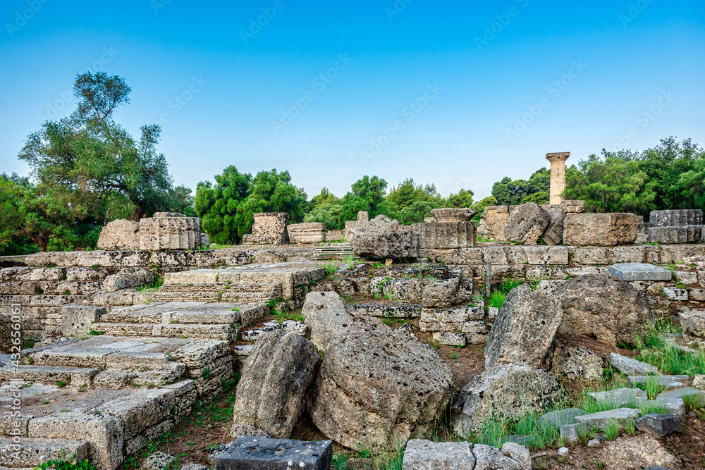 Temple of Zeus in the most prominent position of the sanctuary in the archaeological site of Olympia in Greece