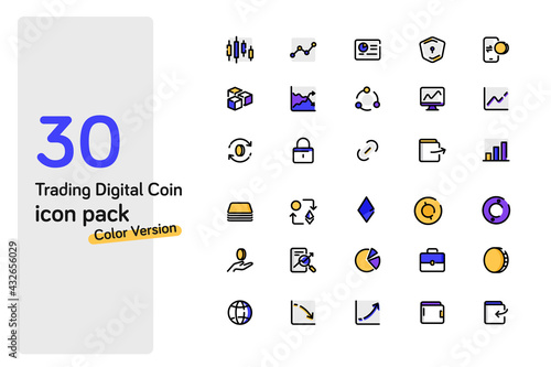 set of icons for cryptocurrency and stocks trading design