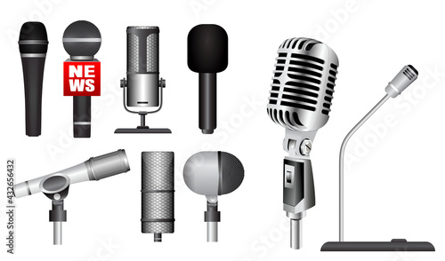set of realistic microphone or mic standing at podium or classic mic concept. eps vector 