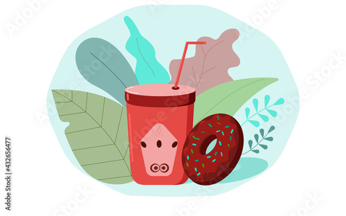 Coffee in a paper cup with a donut.Color triad