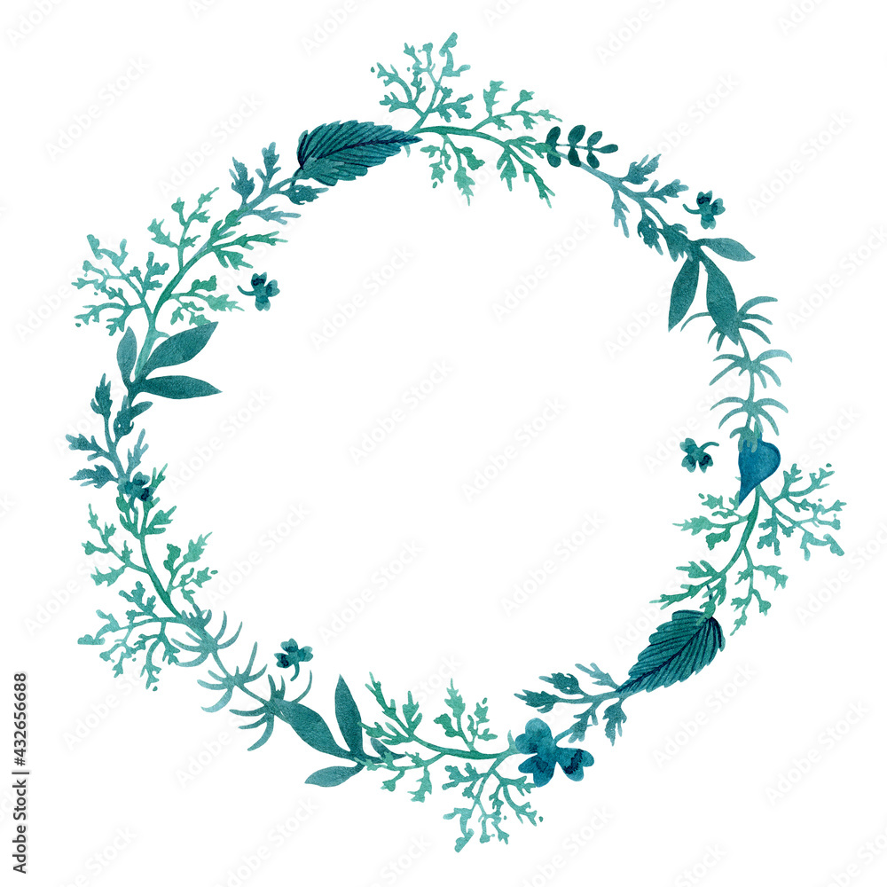 round watercolor wreath of decorative spring forest herbs, leaves and branches on a white background.