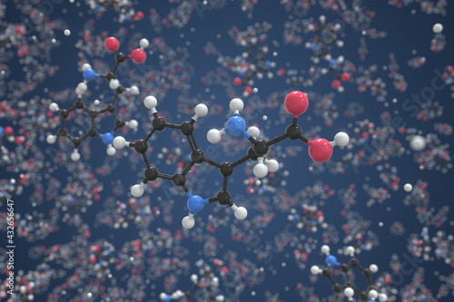 Molecule of tryptophan, ball-and-stick molecular model. Scientific 3d rendering