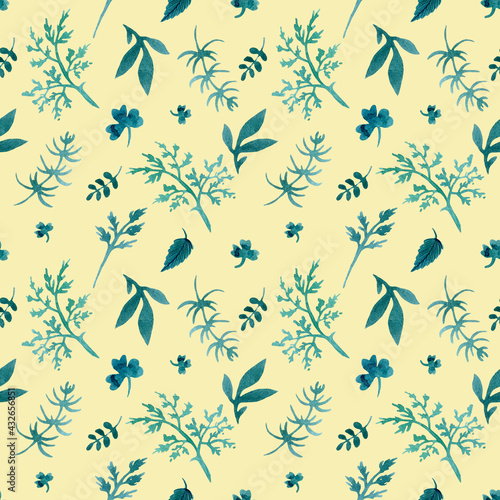 seamless watercolor pattern of stylized spring herbs, leaves and twigs on a colored background.