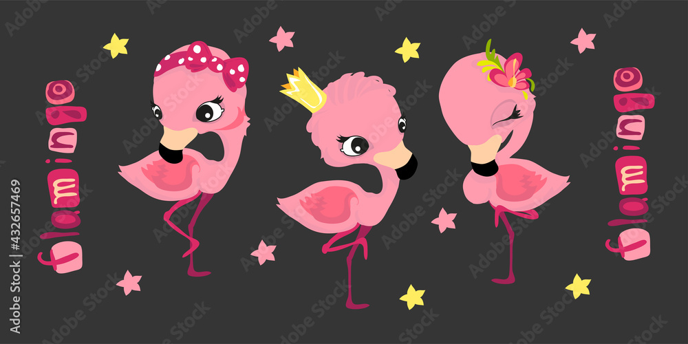 Set of characters in cartoon style, fun and attractive flamingo. Vector illustration