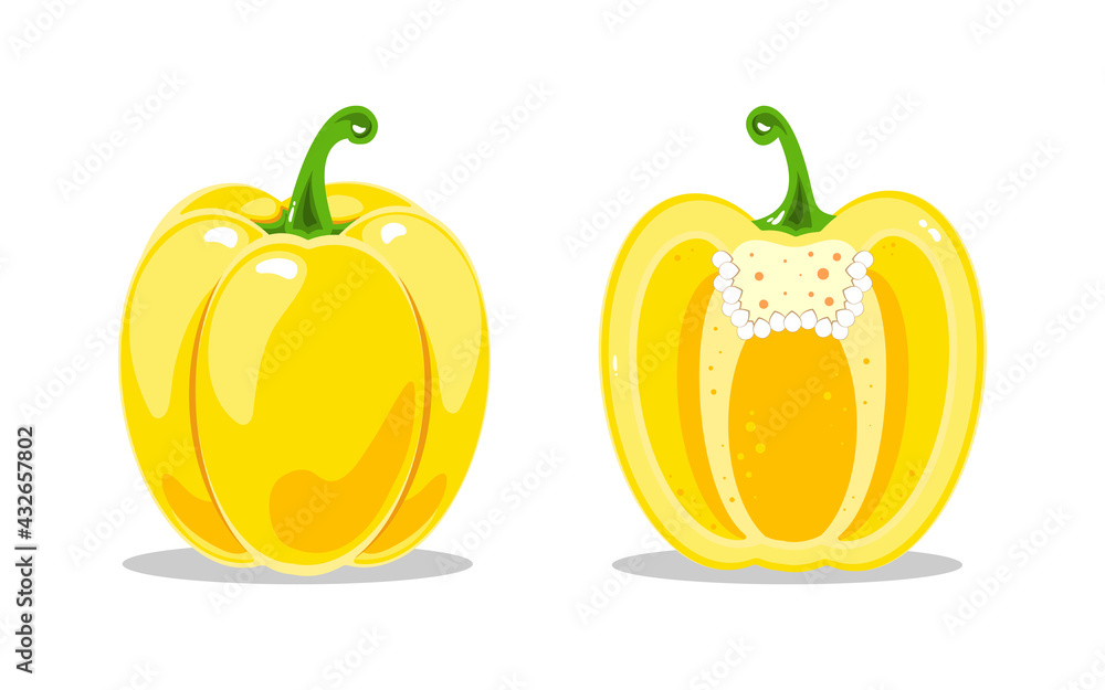 Yellow bell pepper and yellow bell pepper in the cut. Healthy nutrition. Vector illustration of vegetables. Yellow bell pepper and yellow bell pepper in the cut. Healthy nutrition. Vector illustration of vegetables.
