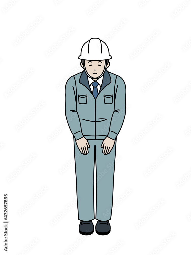 Vecteur Stock お辞儀をする 作業着を着た男性 現場監督 工事中 全身 イラスト素材 Adobe Stock