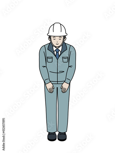 Billede på lærred お辞儀をする　作業着を着た男性　現場監督　工事中　全身　イラスト素材