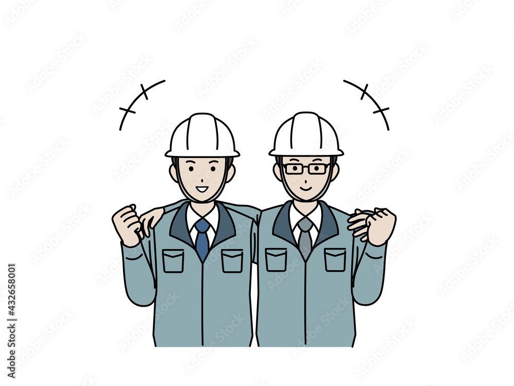 肩を組む 現場監督 建築士 製造業 ガッツポーズ 男性 同僚 イラスト素材 Vector De Stock Adobe Stock