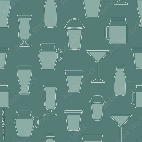 Vector Seamless Pattern with Various Beverages. Vector Contour Line art of Different Beverage Glasses on Green Background. Perfect Graphic for Packaging, Flyer, Menu, Invitation, Banner, Wrapping 