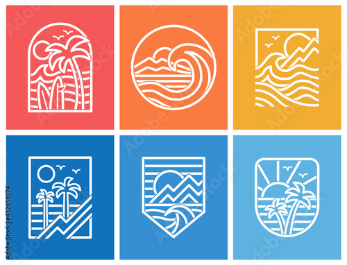 Set of line style vector surfing badges. For t-shirt prints, posters and other uses.