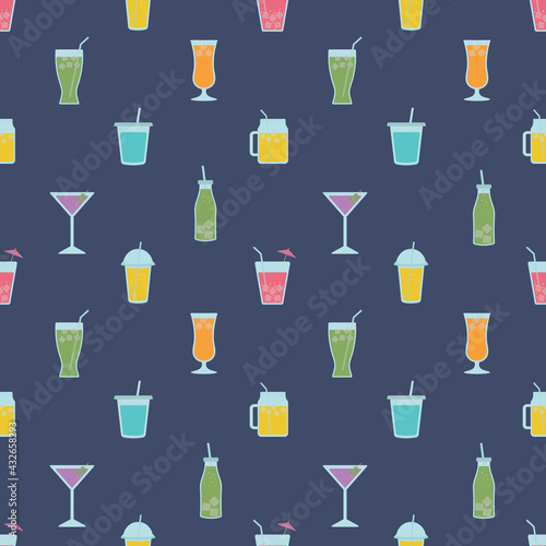 Summer Drinks or Beverages Seamless vector Pattern. Vector Illustration of Tropical Beverages in various Glassware. Perfect for Restaurant, Bar, Party Menu, Advertisement, Wallpapers, Web banners